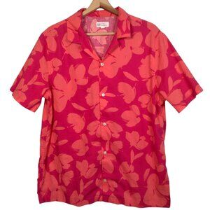 Gap Linen Blend Shirt Men Large Pink Salmon Tropical Floral Beach Surf Vacation